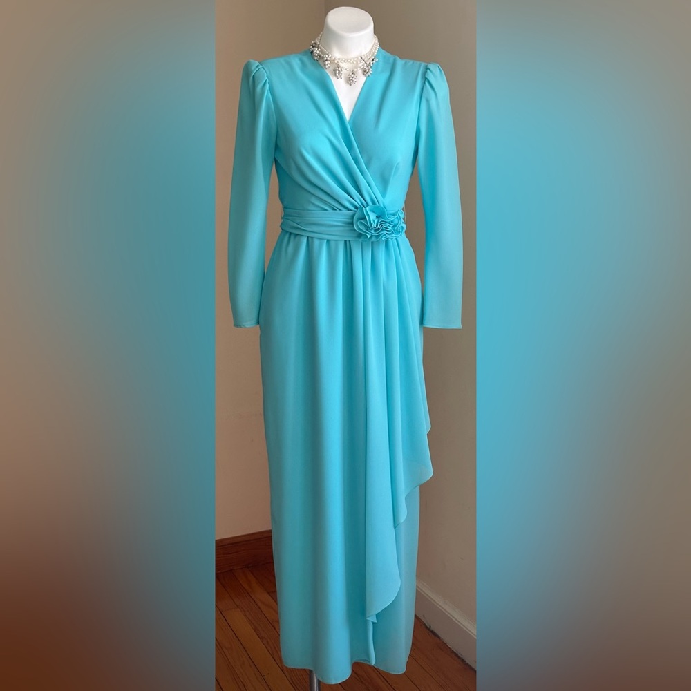 MISS ELLIETTE Vintage 70’s Turquoise Chiffon Faux Wrap Dress Sz 10